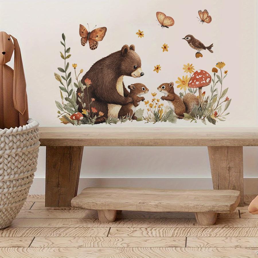 Self-adhesive Forest Style Bear and Squirrel Wall Stickers for Kids Room Bedroom Warm Home Decor