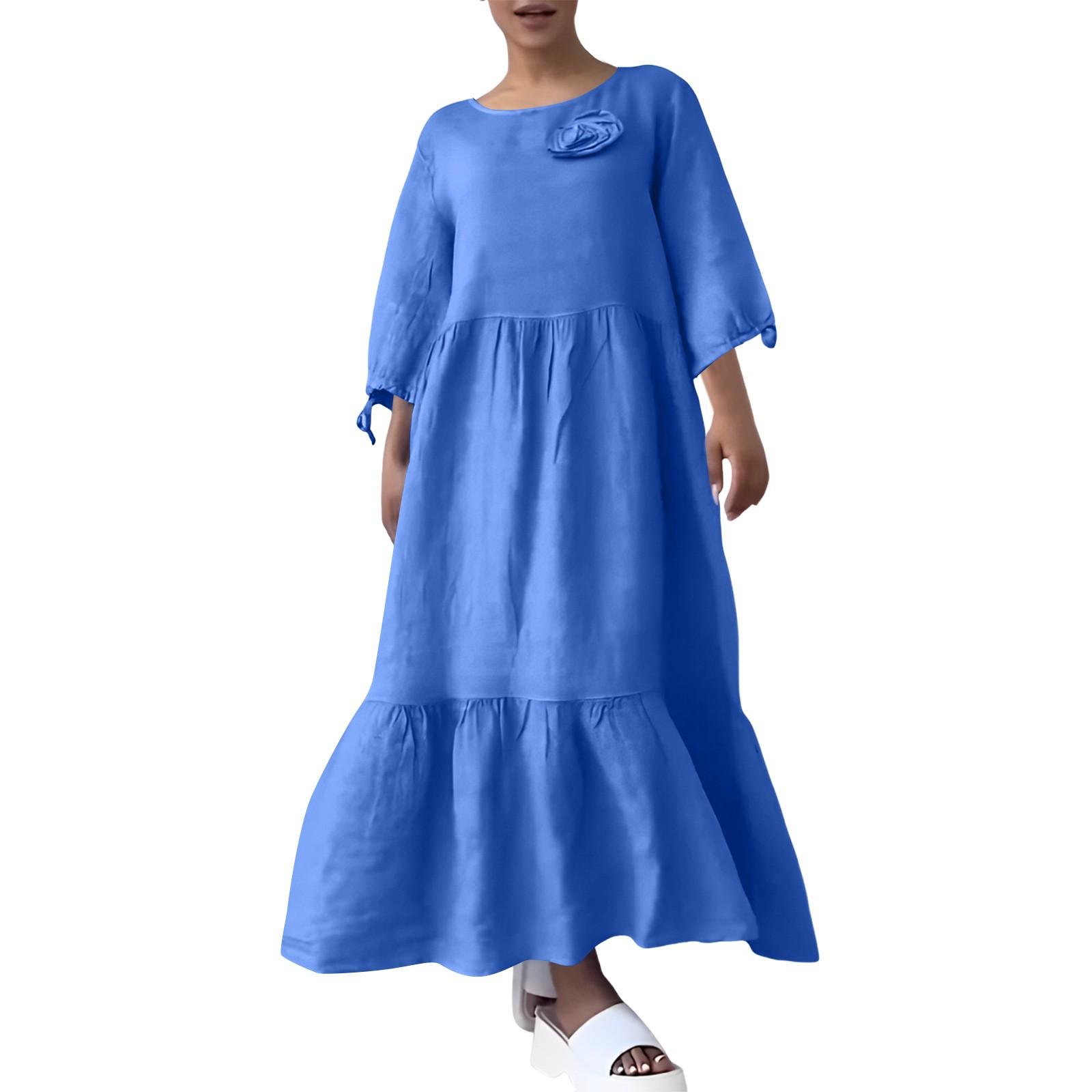 Women s Fashion Round Neck Pleated Seven-point Sleeve Drawstring Back Lace-up Color Casual Dress M