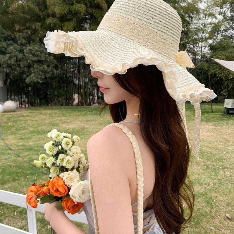 Beach Sun Hat Summer Hat Lace Straw Hat Seaside Shade French Sunscreen Straw Sun Hat Brim