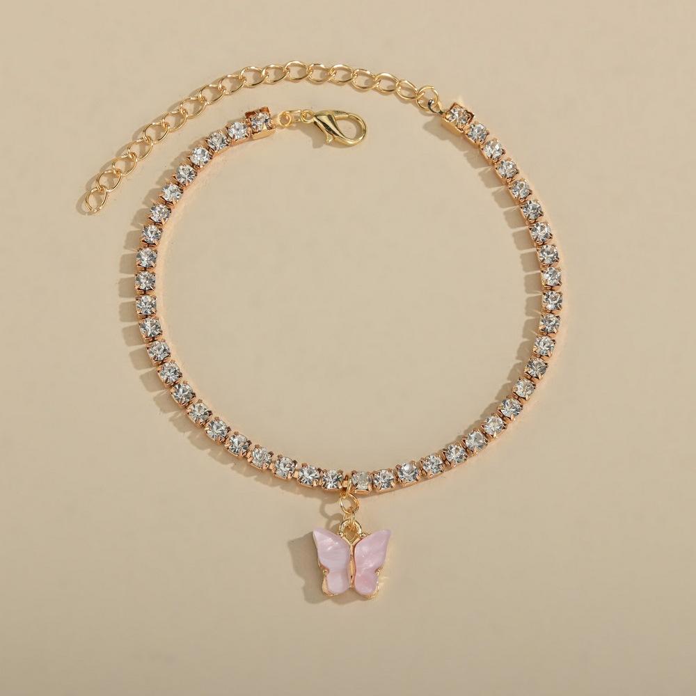 Einfacher Damen-Einreiher-Fußkettchen Strandwind Schmetterlingsanhänger Diamantenbesetztes Metall-Fußkettchen