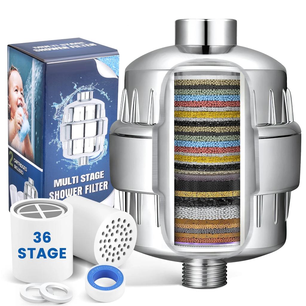 36 Stage Shower Faucet Head Cleaning Purifier Filter Metals Filtered for Hard Water Soften 1 Replaceable Extra Filter Cartridge