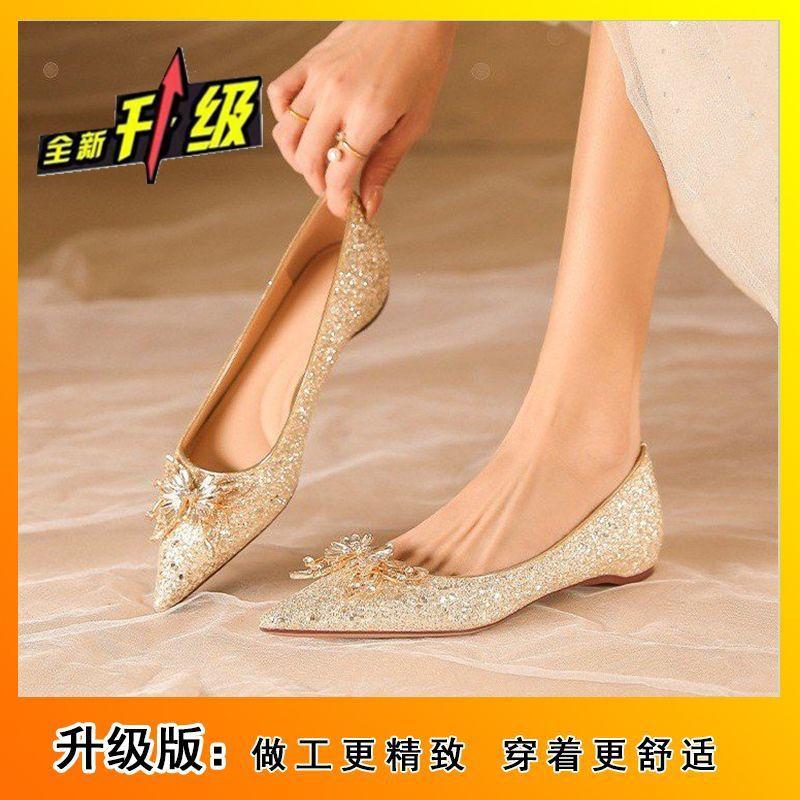 

Wedding shoes, pregnant women s flat-bottomed bridal shoes, champagne 2025 crystal main wedding dress, Xiuhe two, wearing low heels is not tiring 40