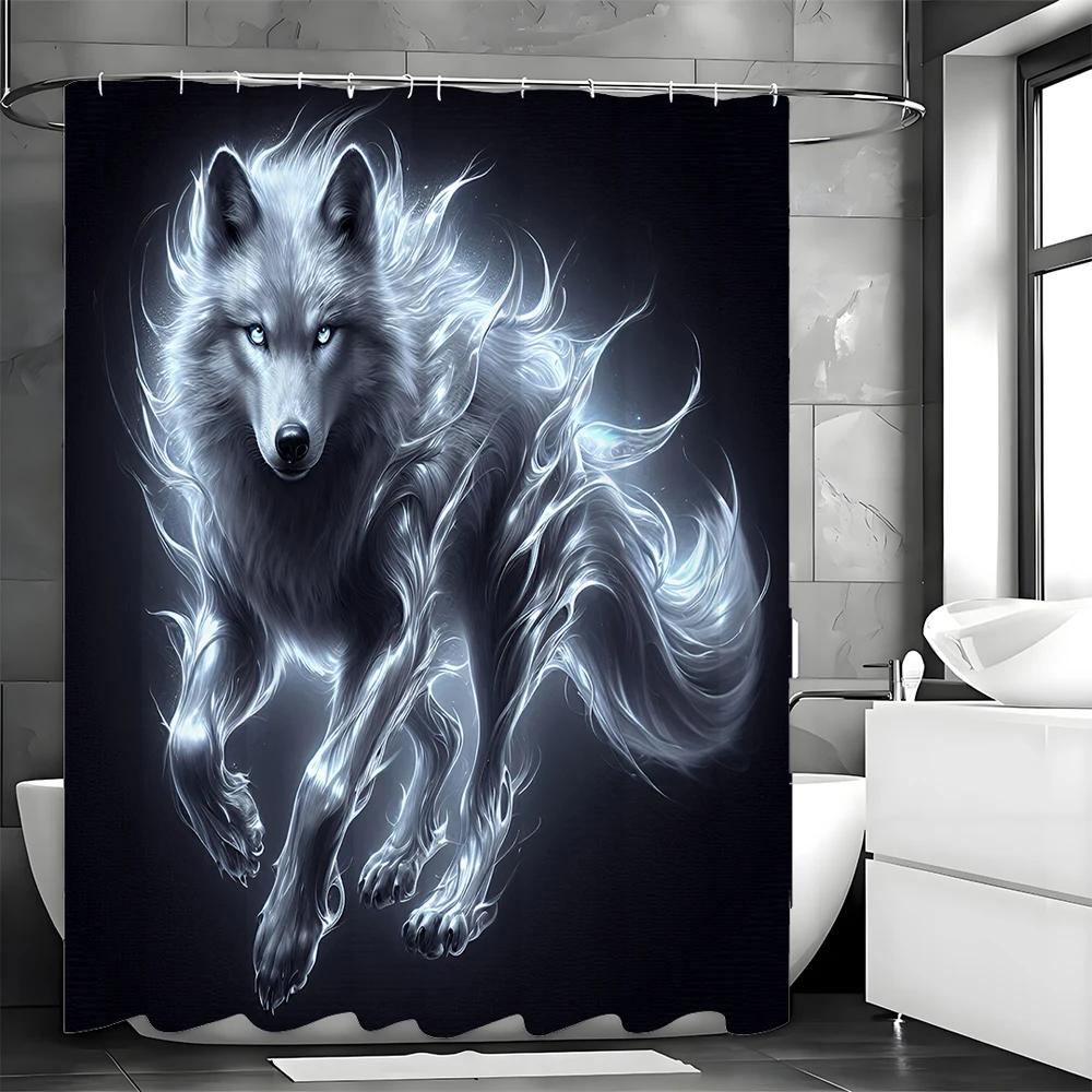 Vlčí umění Fantasy vlk Sprchový závěs, Dekorativní sprchový závěs do koupelny, Vodotěsný sprchový závěs s háčky