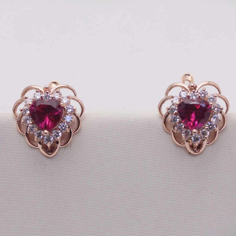 Exquisite And Pure 585 Russian Purple Gold Love Diamond-Encrusted Earrings, Luxury Temperament Rose Gold-Plated Color Gold Earrings For Women