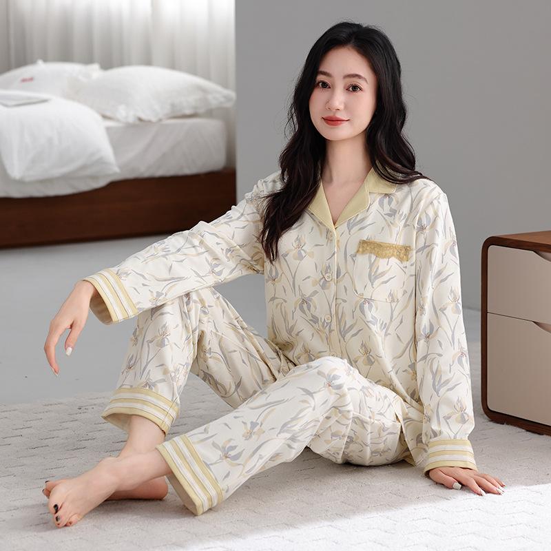 Women's pure cotton spring and autumn pajamas long sleeves can be worn outside autumn women's high-end cardigan loungewear cotton suit
