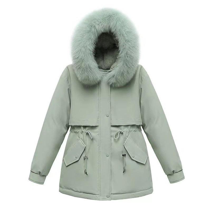 Parka Women's Medium Length Cotton Jacket Loose Oversized Fleece Coat Winter Big Fur Collar