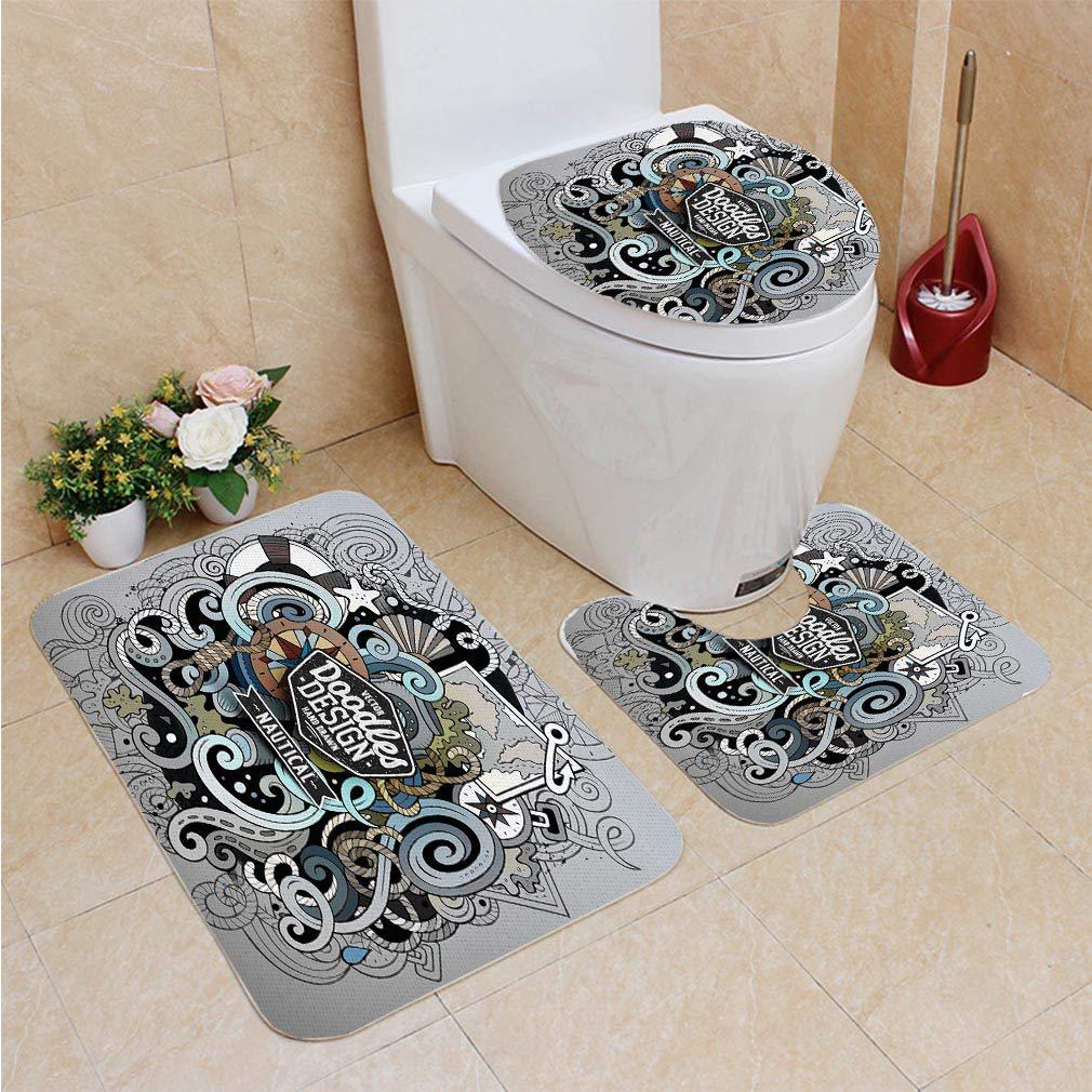Nautical Cartoon Hand Drawn Doodle 3 Piece Bathroom Rugs Set Bath
