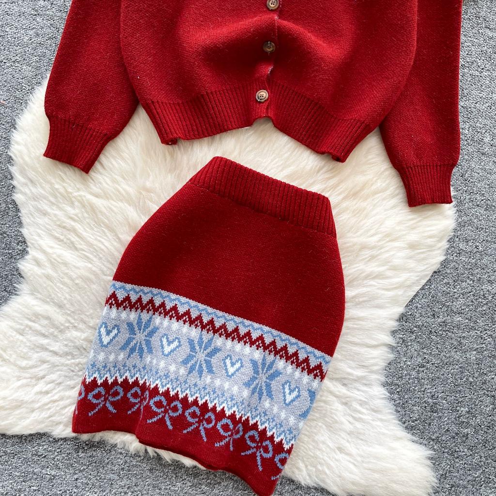 Autumn Winter Women Vintage Jacquard Knitted Sweater Two Piece Set Single Breasted Cardigans Tops and Mini Short Sheath Skirt Suit