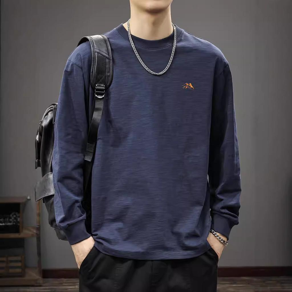 Spring And Autumn Texture Bamboo Cotton Men'S Long Sleeve T-Shirt Retro Trendy Brand Printed T-Shirt Autumn Loose Sweater