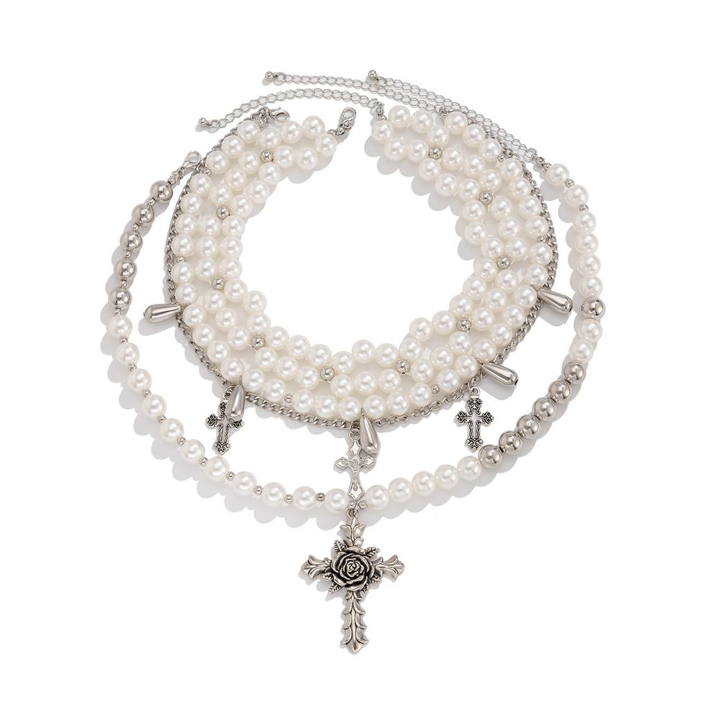 Hip Hop Punk Rose Flower Cross Necklace, Vintage Water Drop Pearl Beaded Necklace Set