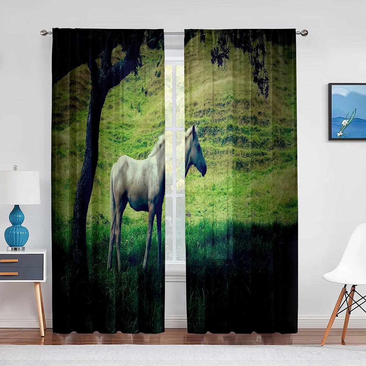 

Прозрачная вуаль с изображением лошади, темно-коричневая лошадь, бегущая закатная трава, оконные тюлевые шторы для украшения гостиной, спальни 1 PCS W250XH250cm&Grommet Top