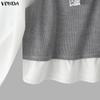 VONDA Women Casual Lace Collar Long Sleeve Fake Two-piece Patchwork Loose Blouse Shirts