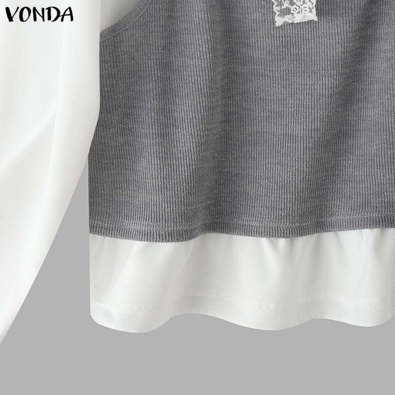 VONDA Women Casual Lace Collar Long Sleeve Fake Two-piece Patchwork Loose Blouse Shirts