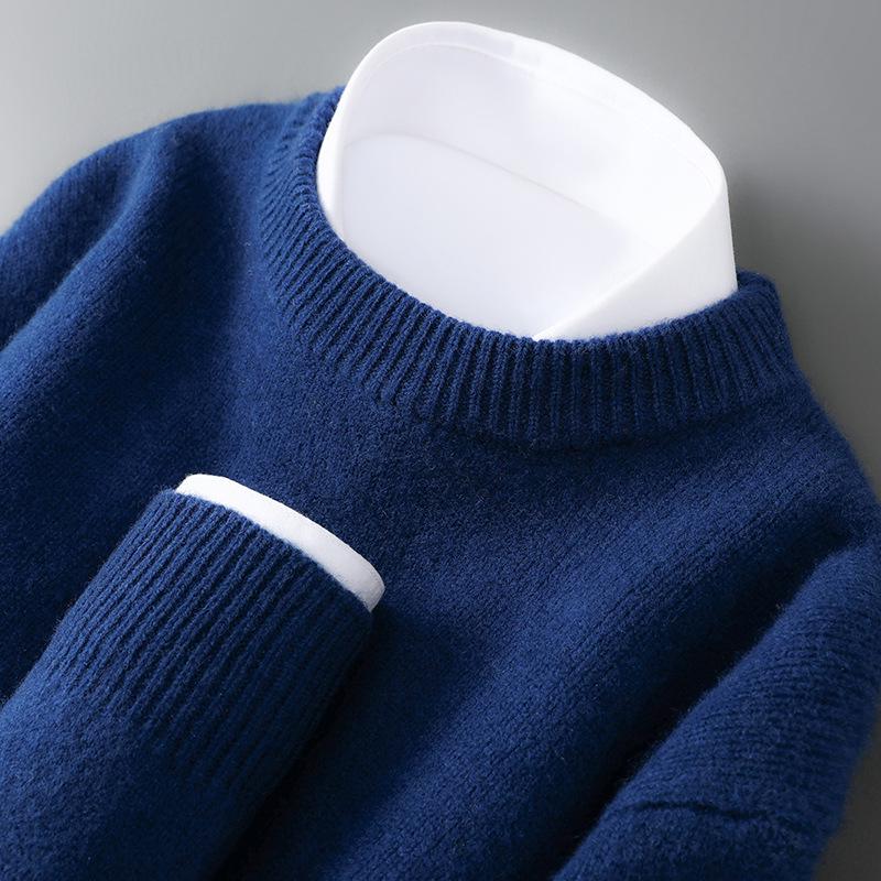 Herren Pullover aus reiner Wolle, schwer, Rundhalsausschnitt, lockere Passform, warm, einfarbig, ideale Basisschicht für Herbst/Winter.