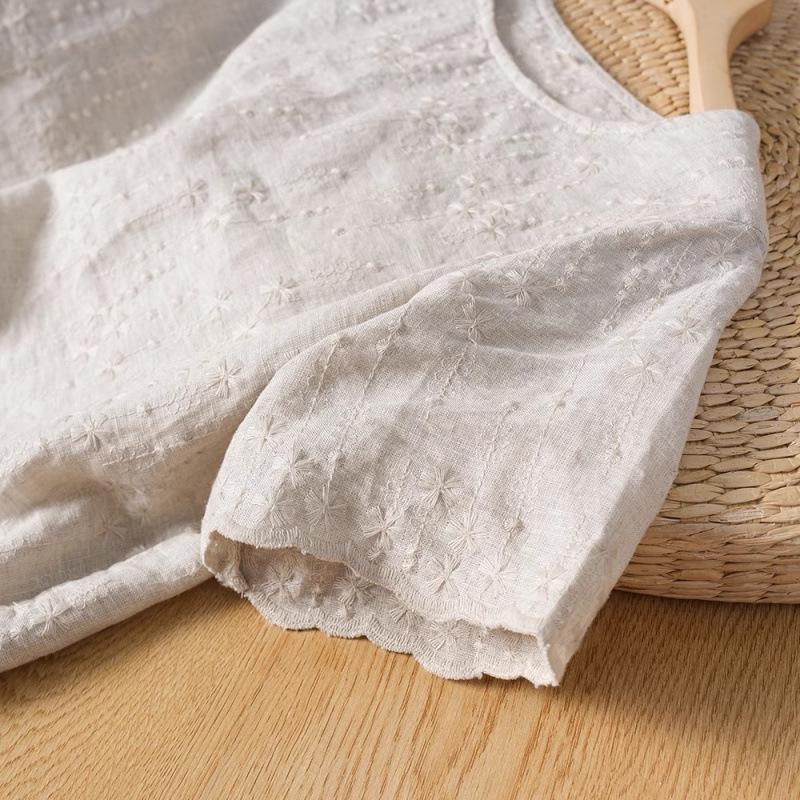 Artistic Retro Embroidered Cotton Linen Women's Summer Short Sleeve Top