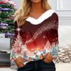 Mote for kvinner, avslappet langermet juleprintet topp med plysjkrage og V-hals
