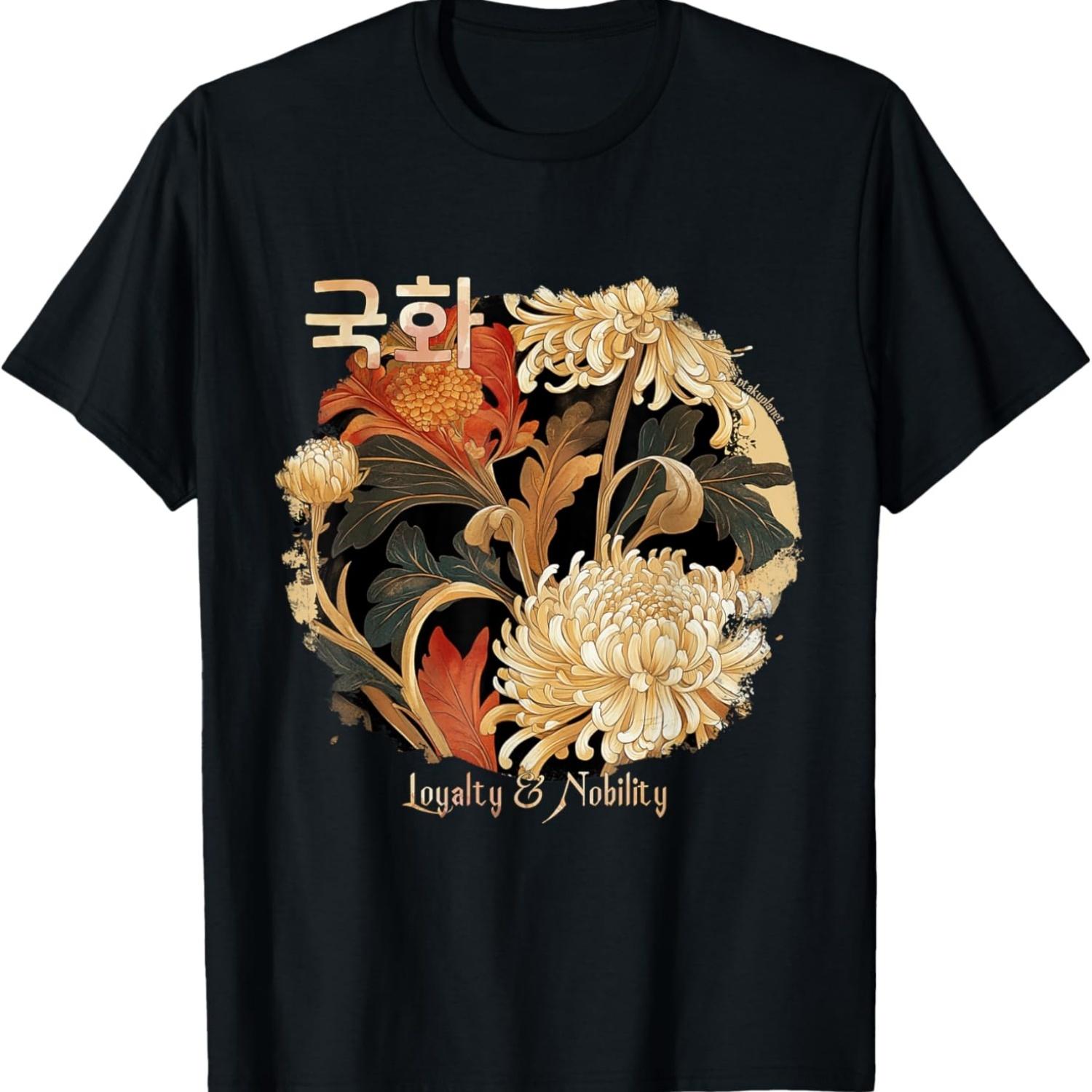 Korean Chrysanthemum in Aesthetic Anime Retro Kpop Flower T-Shirt S чёрный