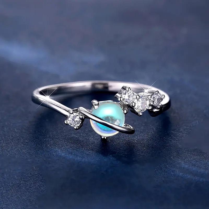 Cao Shi Geometric Planetary Ring: European & American Style, Moonstone-Inspired Design for Women