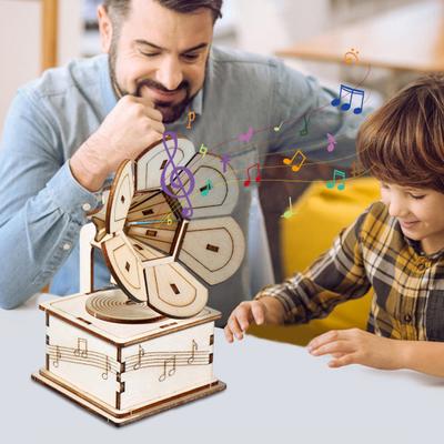 1 Sada DIY Retro Gramofon Model Kit Ručně vyráběné Dřevěné Puzzle Ručně poháněný Fonograf Stavebnice Řemesla Gramofon STEM Projekt Dětská Vzdělávací Hračka
