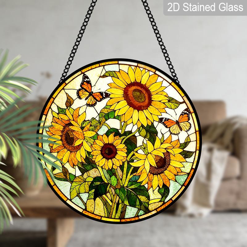 2D Flat Stained Glass Sunflower Window Decoration, 7.87inches Yellow Colored Glass Plate with Chain, Charming Spring Summer Home Decor, Unique