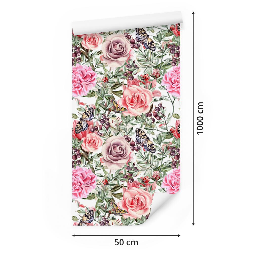 Wallpaper Colorful Roses, Peonies and Watercolor for Living Room and Bedroom 50x1000