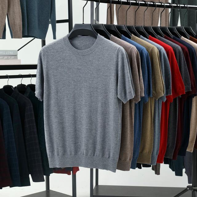 Men's High-Quality Short-Sleeved Knitted Wool Sweater for Spring/Summer