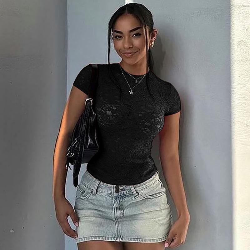 

Spring and Summer New Fashion Sexy Hottie Lace See-through Slim Round Neck Top L чорний