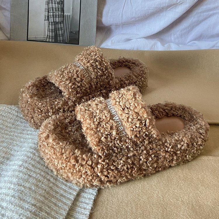 Internet celebrities thick-soled teddy curled wool shoes women's shoes wear new autumn and winter plush one-word cotton slippers
