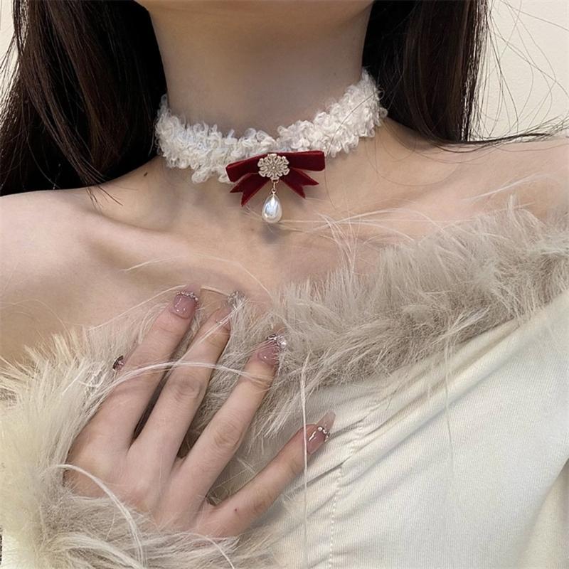 Bohemian Snowflake Pearl Necklace Bowknot Pendant Clavicle Chain Christmas Bows Collarbone Chain for Women Girls