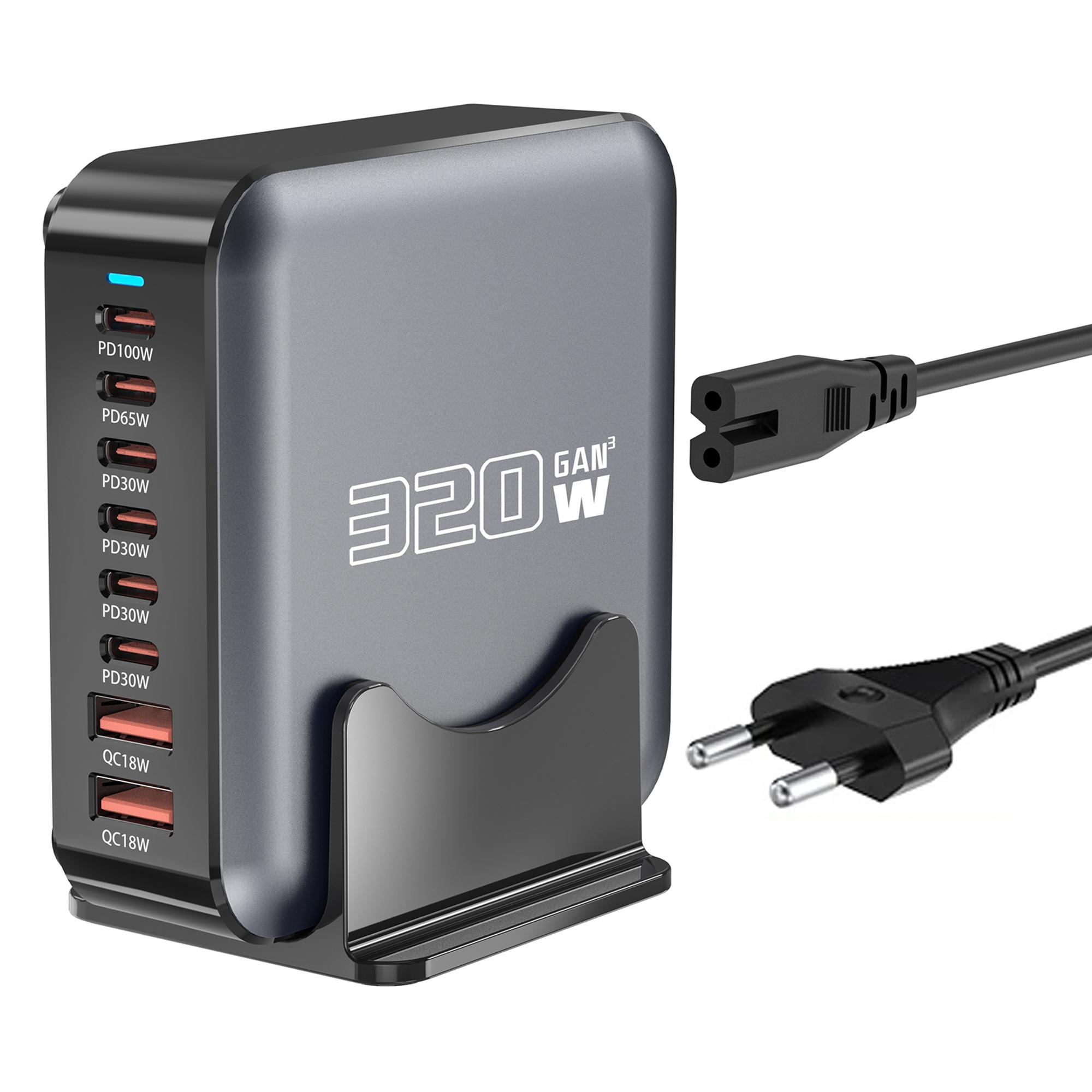 

Настільна зарядка GaN 320 Вт з 8 вихідними портами, станція швидкої зарядки для телефонів, планшетів, дронів EU Plug
