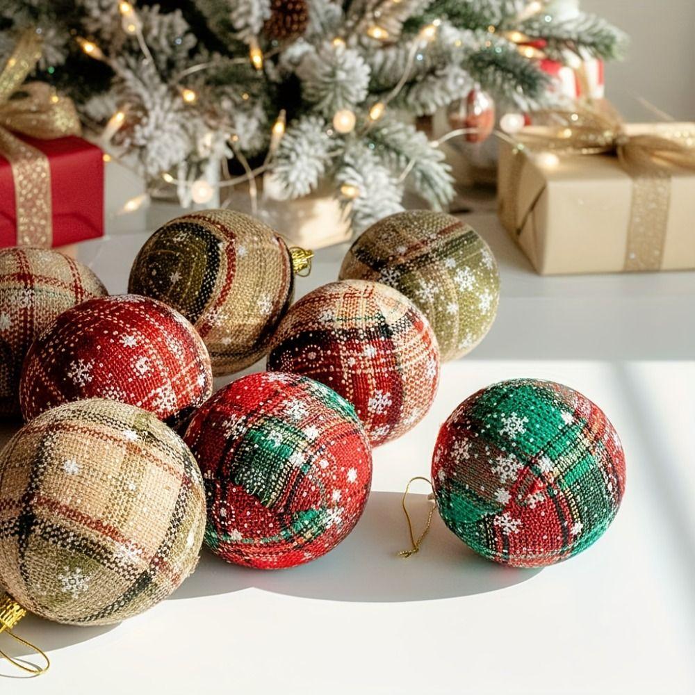 Fabric Plastic Christmas Ball Ornaments Plaid Pattern Snowflake Design Hanging Balls Decorative Hanging Vibrant Colored
