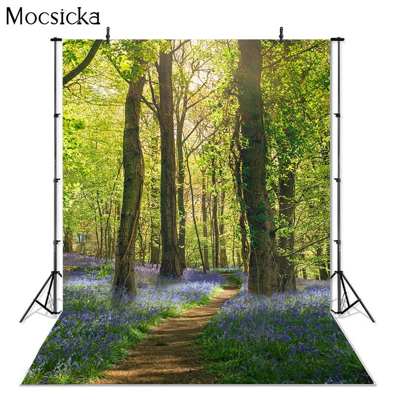 Mocsicka Spring Forest Photography Background Country Lane Purple Flowers Decoration Props Baby Shower Photo Backdrop Studio