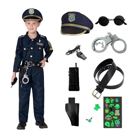 [GOKEI] Police Style Police Officer Costume for Children [Authentic 9-Piece Full Set] Police Officer Roleplay Halloween Boys Sunglasses Hat Belt