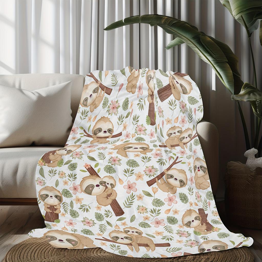 Cute Sloth Pattern Flannel Blanket White Base Green Leaves Brown Branches Playful Cartoon Design