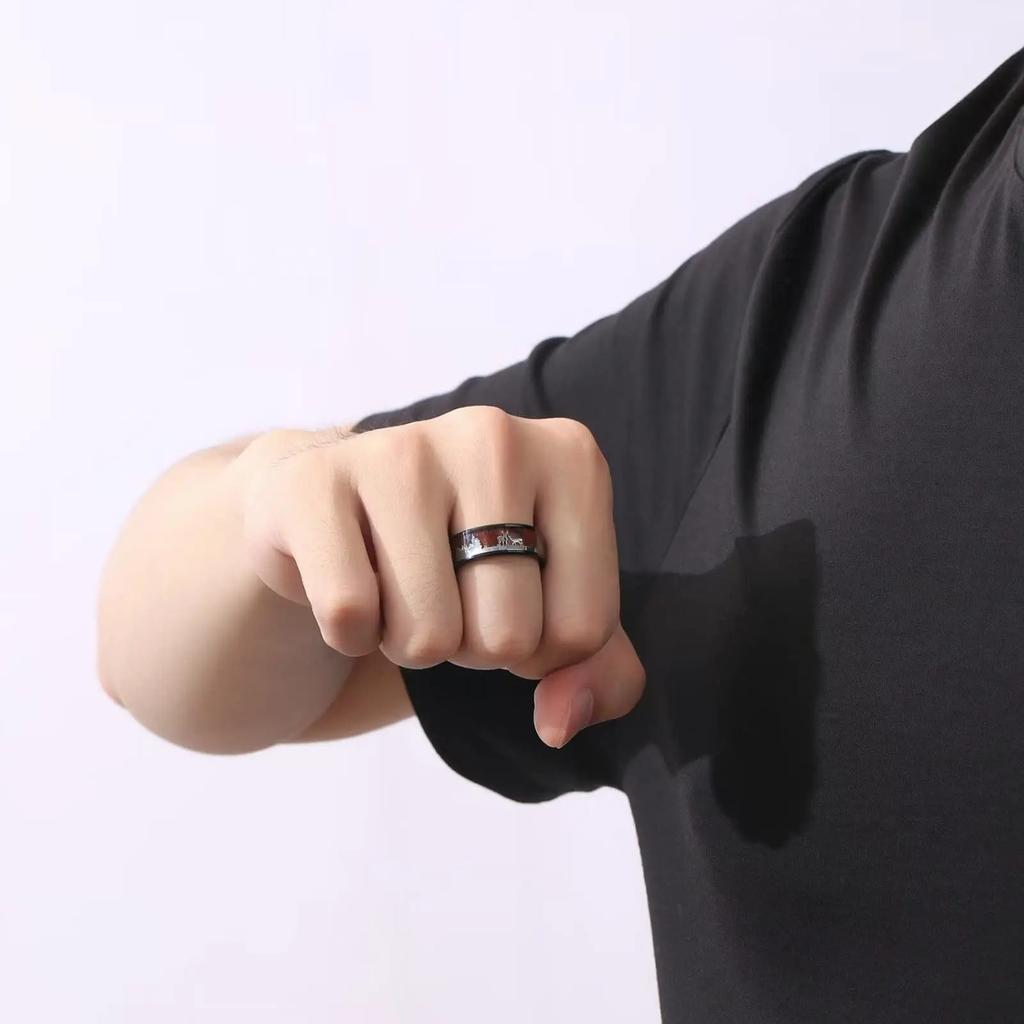 Mode Hirsch Familie Schwarz Jagd Edelstahl Ringe für Herren Damen KOA Holz Einlage Abgeschrägte Polierte Kante Eheringe Schmuck