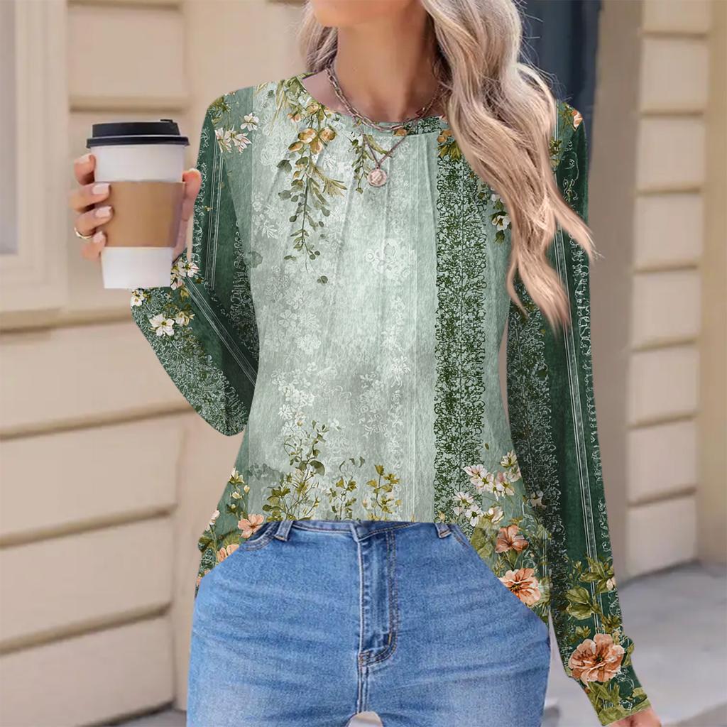 Women's Fashionable Casual Floral Retro Print Pleated Comfortable Round Neck Loose Long Sleeve T-shirt Top