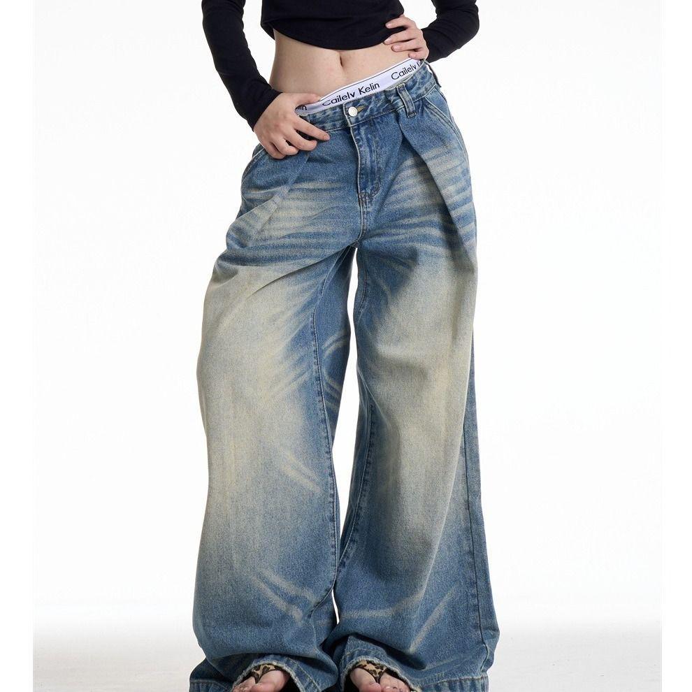 

Women s High Street Retro Light Wash Wide-Leg Jeans: Autumn/Winter, Loose, Drapey, High Waist, Straight Leg, Floor-Length. 3XL