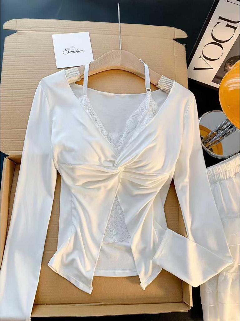 2025 Women's Korean Style Lace T-shirt - Long Sleeve Two-Piece Look with Chest Pads for Autumn/Winter.