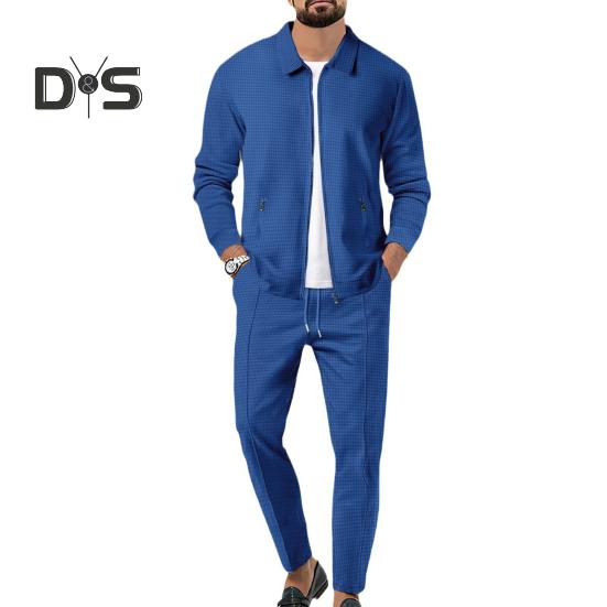 2Pcs/Set Men Autumn Suit Lapel Long Sleeve Zipper Placket Cardigan Elastic Drawstring Waist Long Pants Set Waffle Texture Casual Outfit