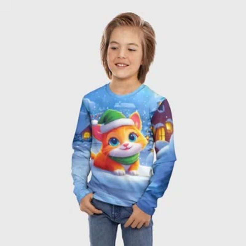 T-Shirts Boys Children's Cartoon Tiger Cat Print Cute Long Sleeved Soft Comfortable Top