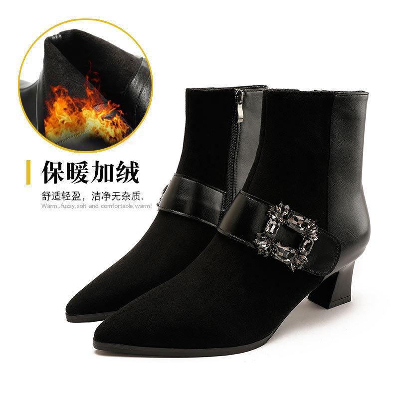 Pointed high-heeled short boots 2024 autumn and winter new side zipper thick heel thin boots French rhinestone buckle medium women's boots