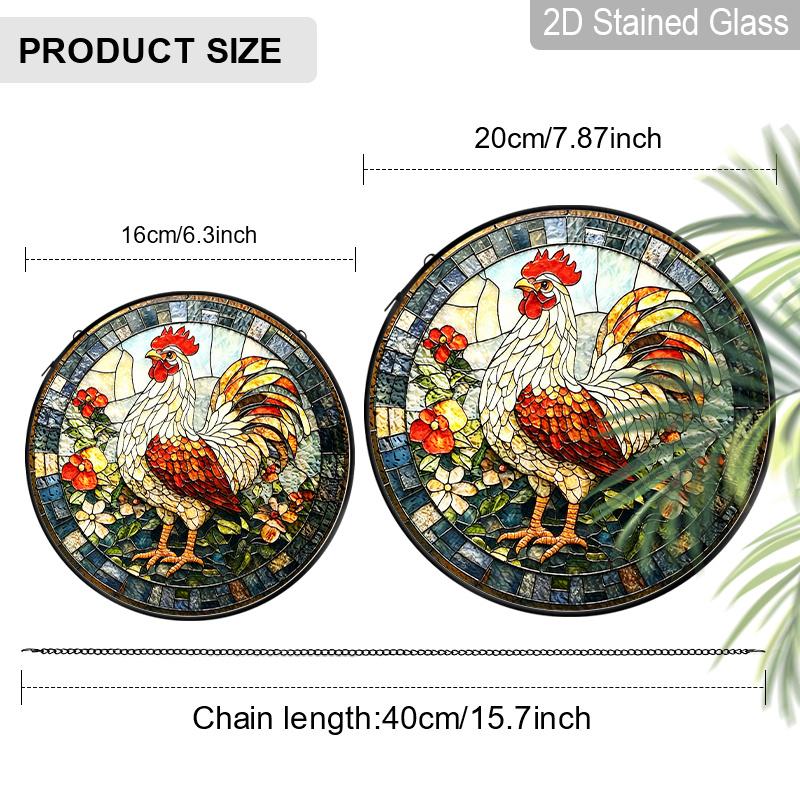 2D Flat Stained Glass Rooster Window Decoration, 6.3/7.87inches Colored Glass Plate with Chain, Charming Sun Catcher Home Decor, Unique Holiday