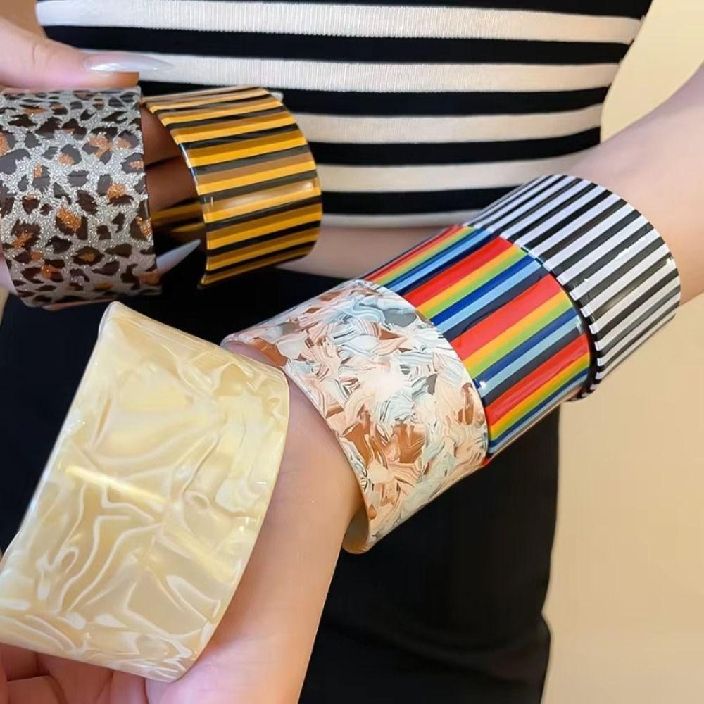 Bohemian Striped Acrylic Bangle Geometric Smudged Hand Ring Unique Open Wide Bracelet  Girls