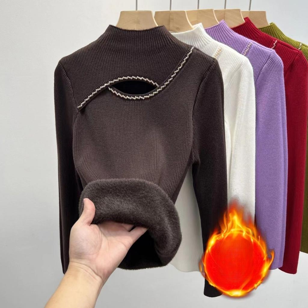 Thick Knit Sweater with Added Velvet Semi High Neck Autumn and Winter Hollow Knitting Bottom Design Top