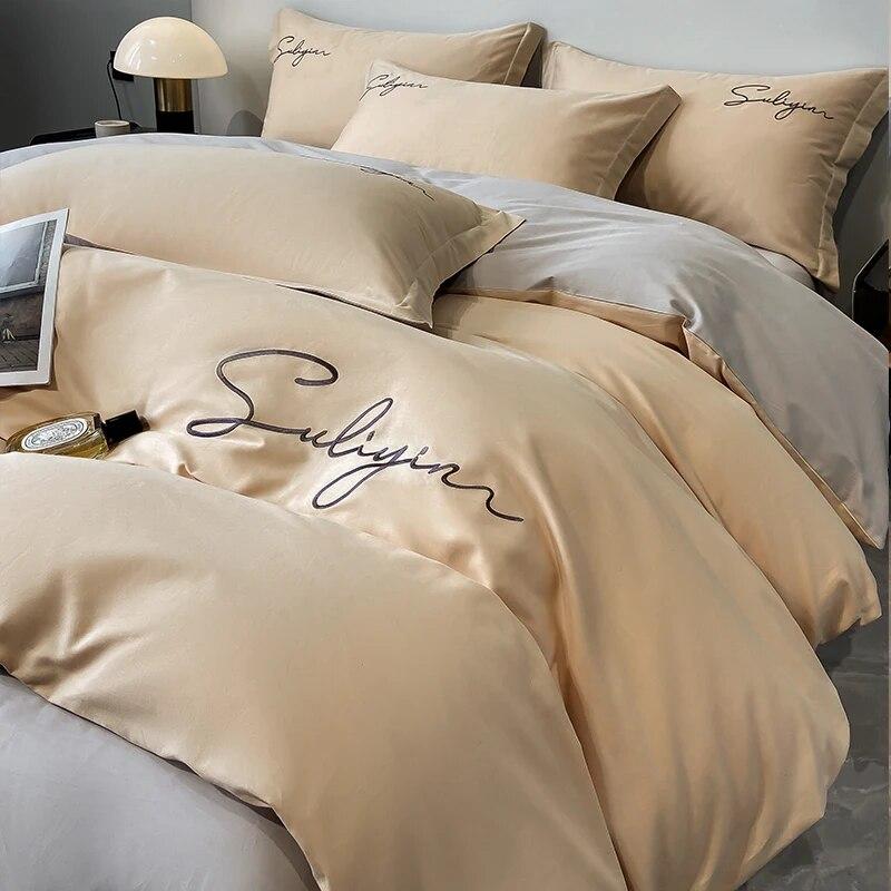 Luxury Embroidery Bedding Set Egyptian Cotton 400TC Duvet Cover Flat Fittedsheet Single Double Queen King Quilt Cover Pillowcase