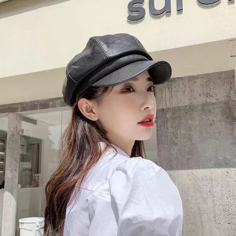 New Style, Autumn/winter Japanese, Octagonal Hat, Versatile for Men and Women, PU Leather, Beret, Korean Version, Outdoor Casual Hat