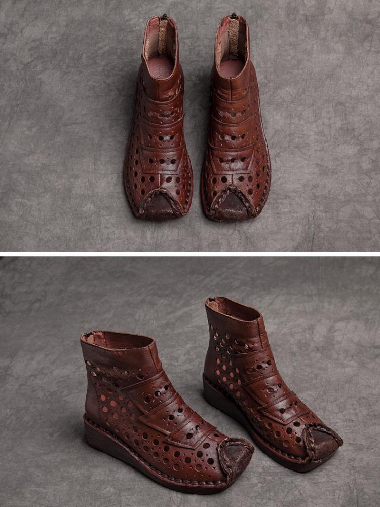Johnature Genuine Leather Summer Hollow Out Boots Retro Handmade Round Toe Breathable Wedge Sandals Women's Shoes