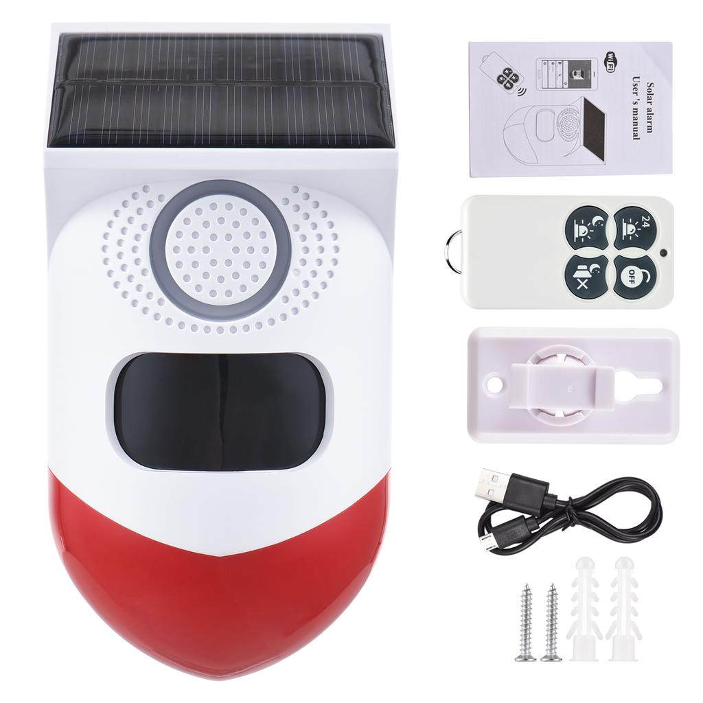 Solar Motion Sensor Alarm Outdoor Solar Alarm 120dB Loud Siren LED Strobe Lights Sound Security