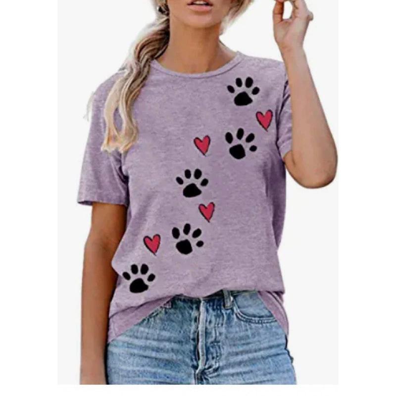 Summer Round Neck 3D Cat Paw Print Print Top Fashionable Casual Short Sleeved Women's T-shirts