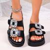Fashion Fashion 2025 Open Toe Women's Slippers Summer New Wearing Outside Plus Size Crystal Belt Buckle Comfortable Solid Flat Slippers